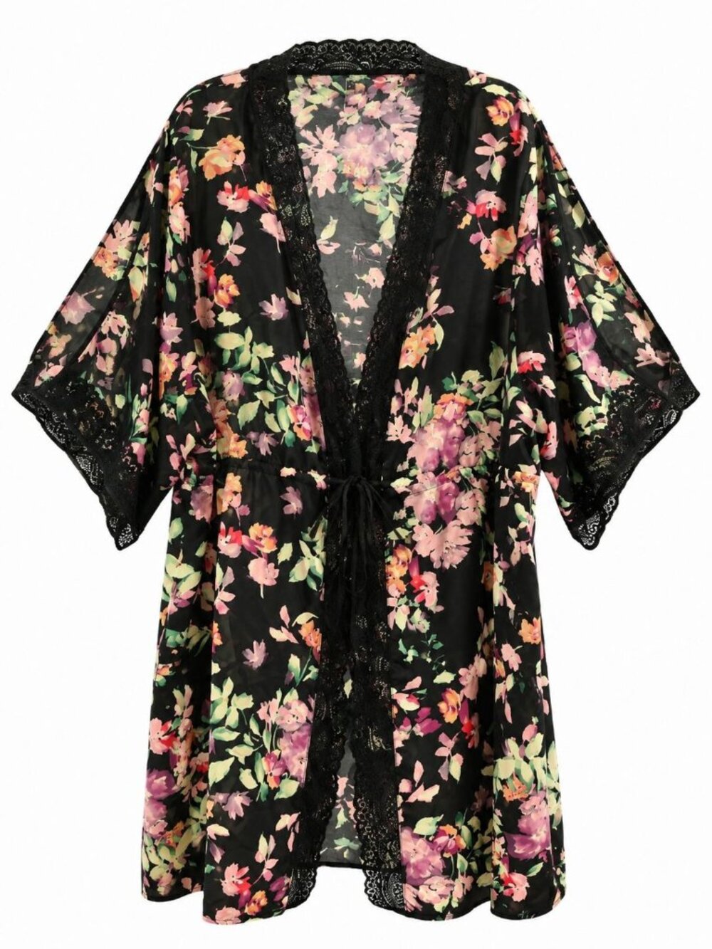 NWT iCollection Front Tie Satin Print Robe Lace Trim Sz 2X Black Floral Kimono